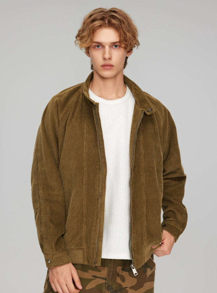 Slim Corduroy Zip Bomber with Snap Cuff Detail