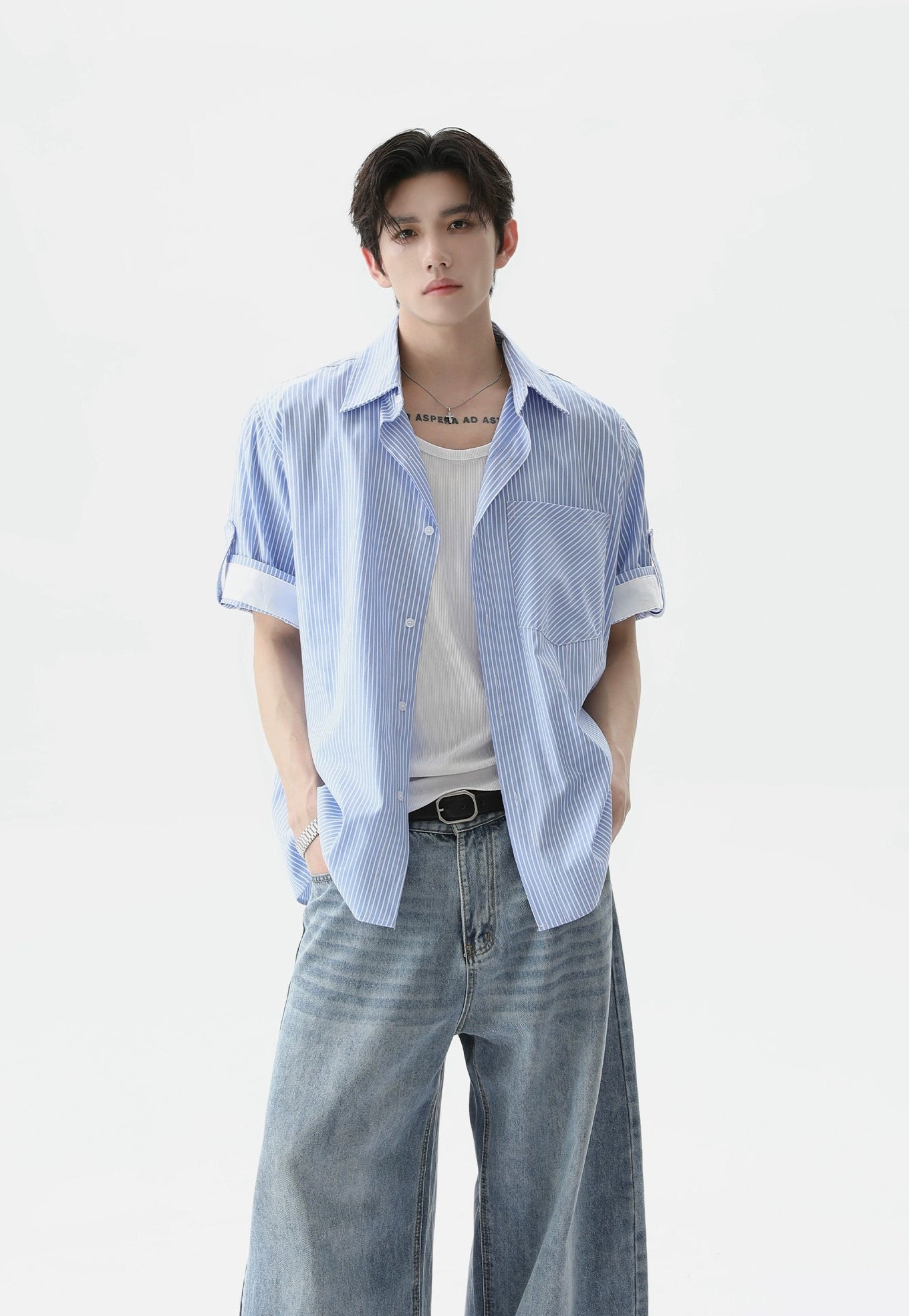 Pinstripe Contrast Short Sleeve Trim Button Shirt