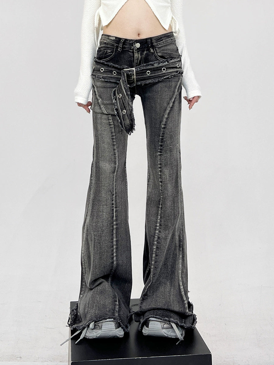 Layered-Effect Denim Flare-Leg Jeans with Grommet Belt Detail
