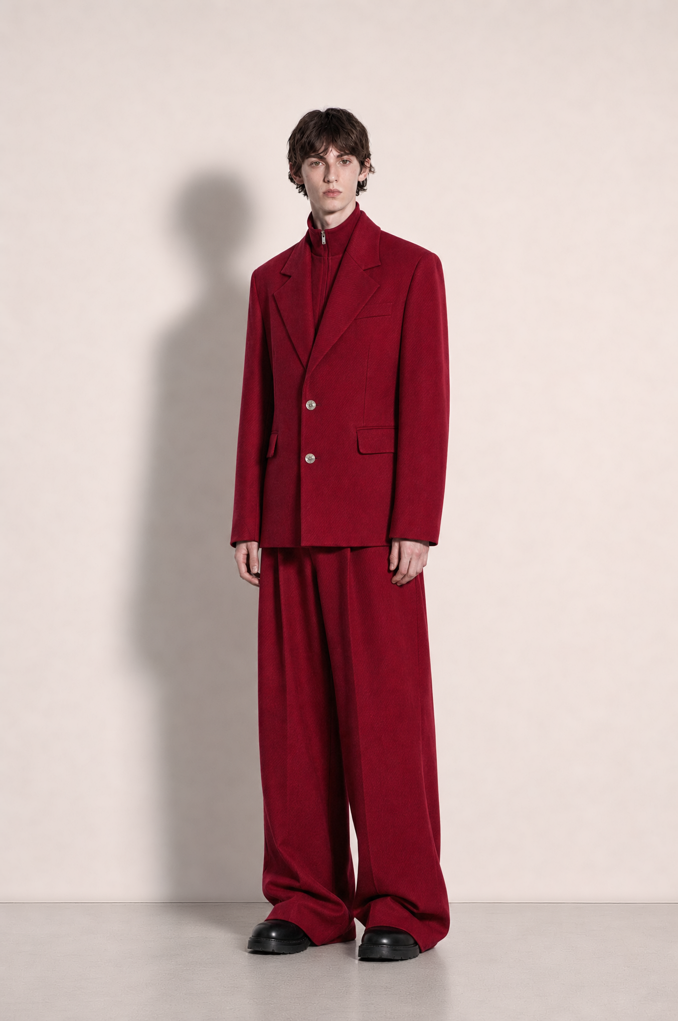 Boxy Hybrid Blazer and Wide Leg Trousers in Red – three-quarter view