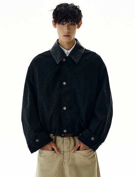 Cropped Contrast Leather Collar Zip Worker Jacket