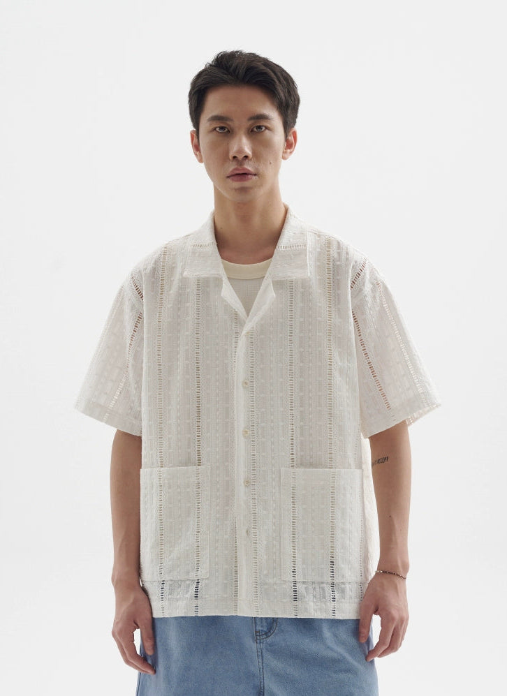 Textured Open Weave Button-Up Shirt with Pockets