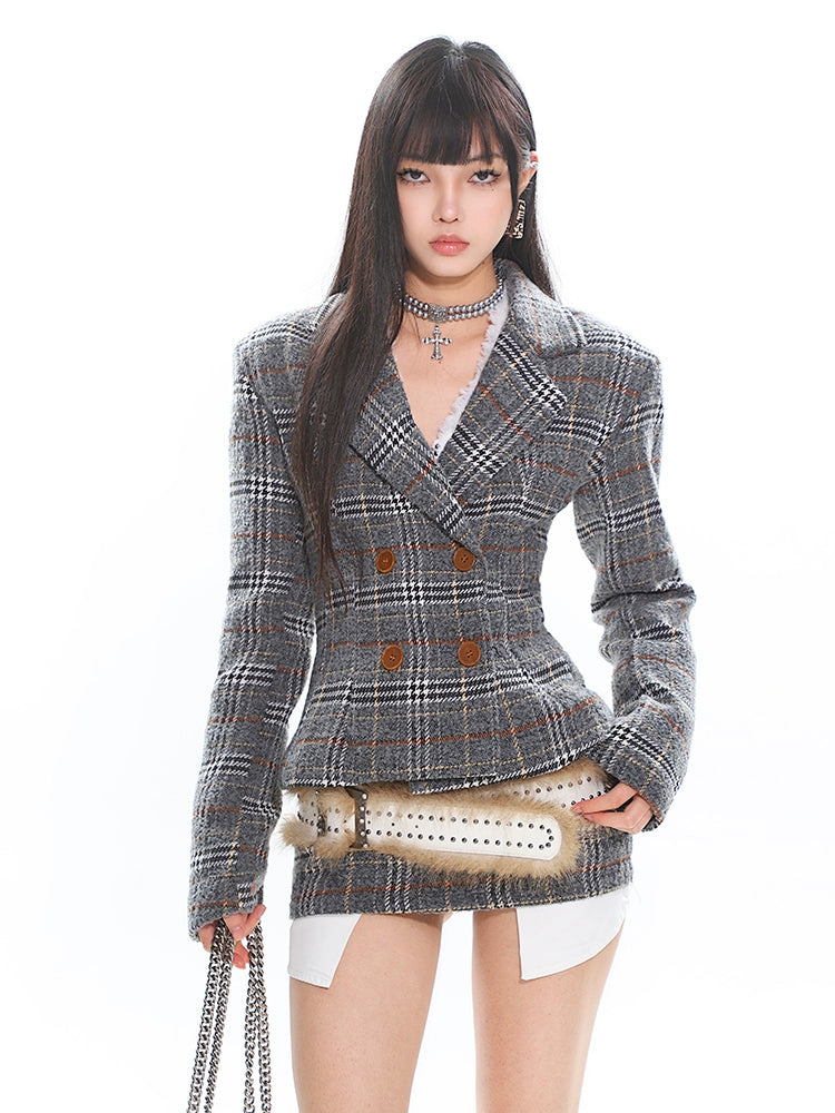 Double-Breasted Plaid Blazer and Micro Mini Skirt Two Piece Set