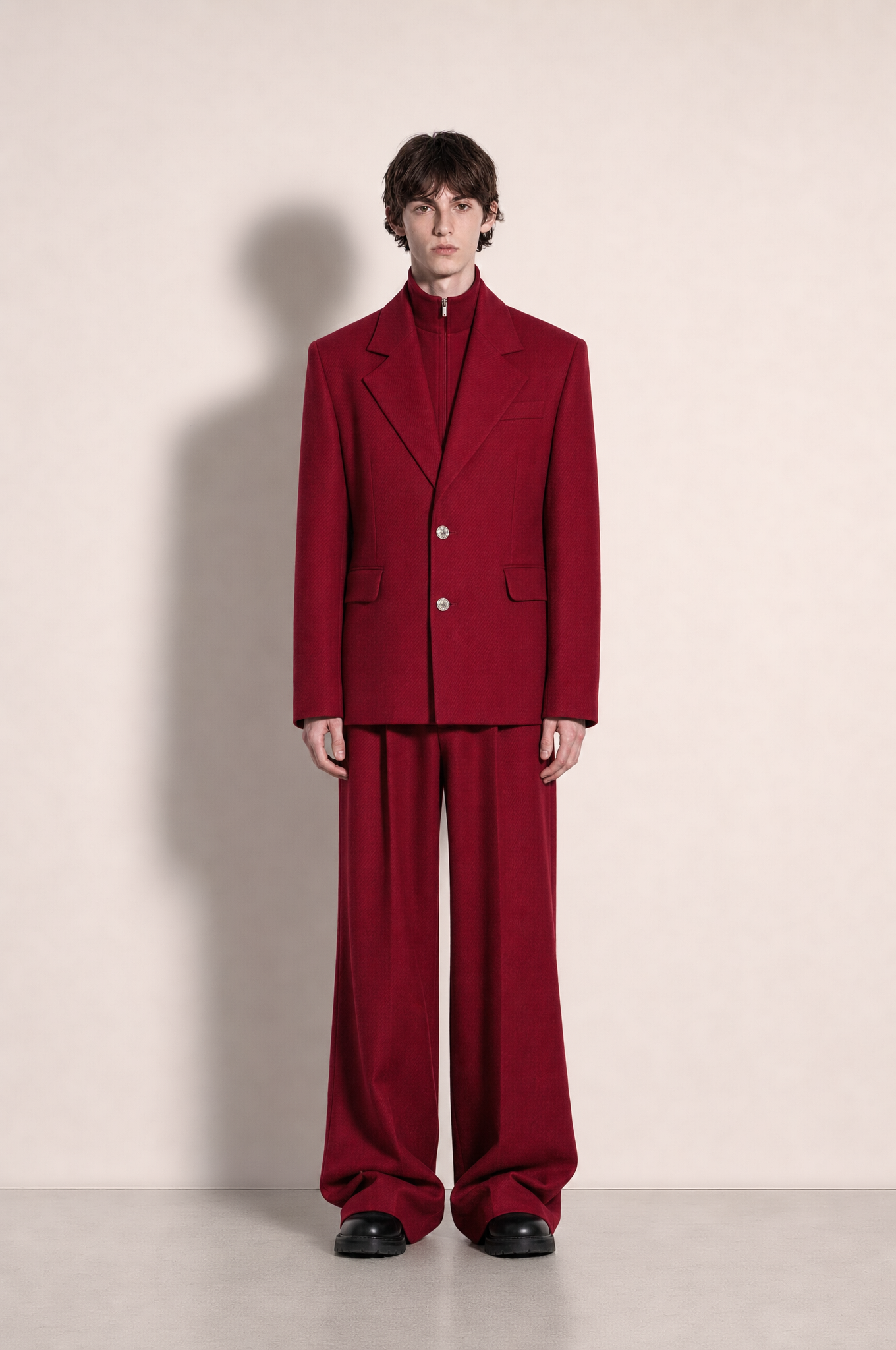 Boxy Hybrid Blazer and Wide Leg Trousers in Red – front view