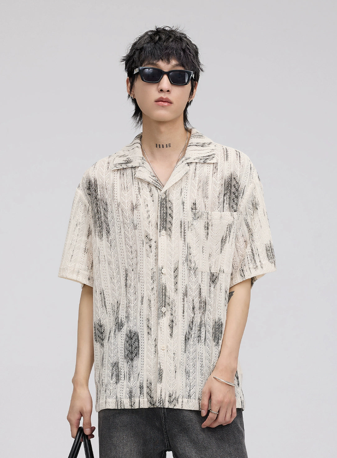 Textured Button-Up Shirt with Abstract Tie-Dye Pattern