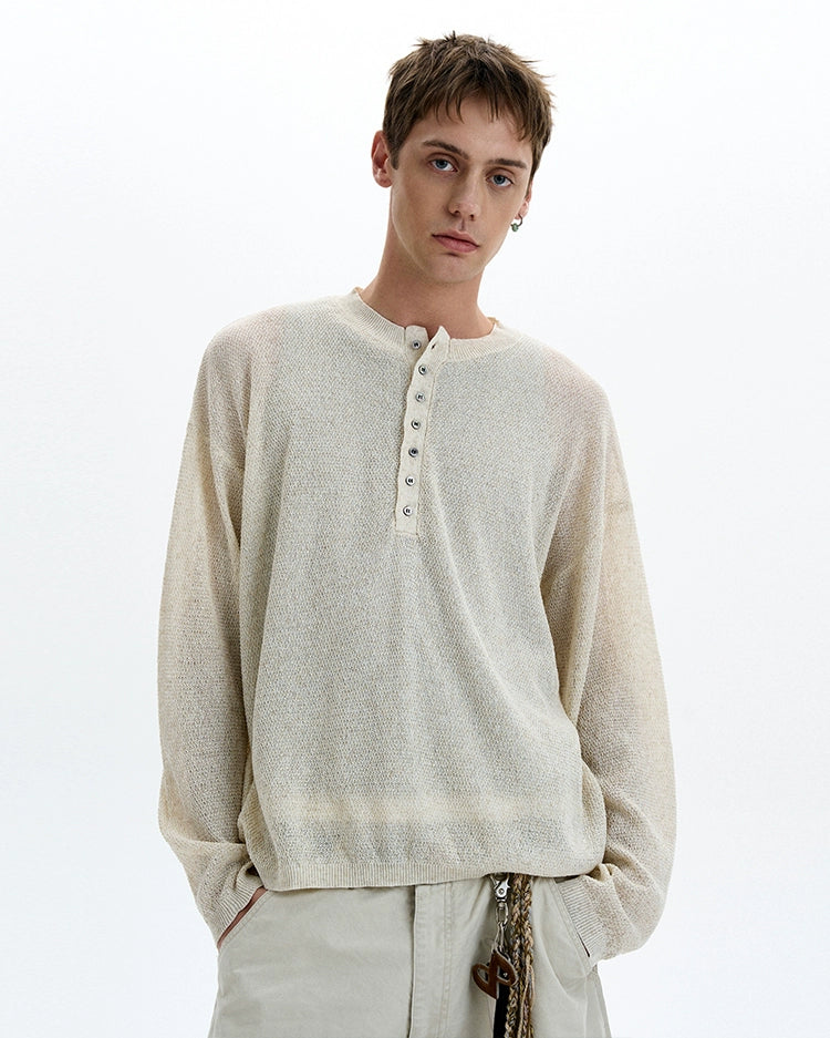 Textured Long Sleeve Sheer Henley Top with Button Detail