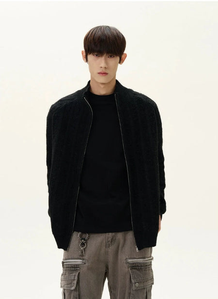 Fuzzy Ribbed Trim Mock Neck Zip Jacket