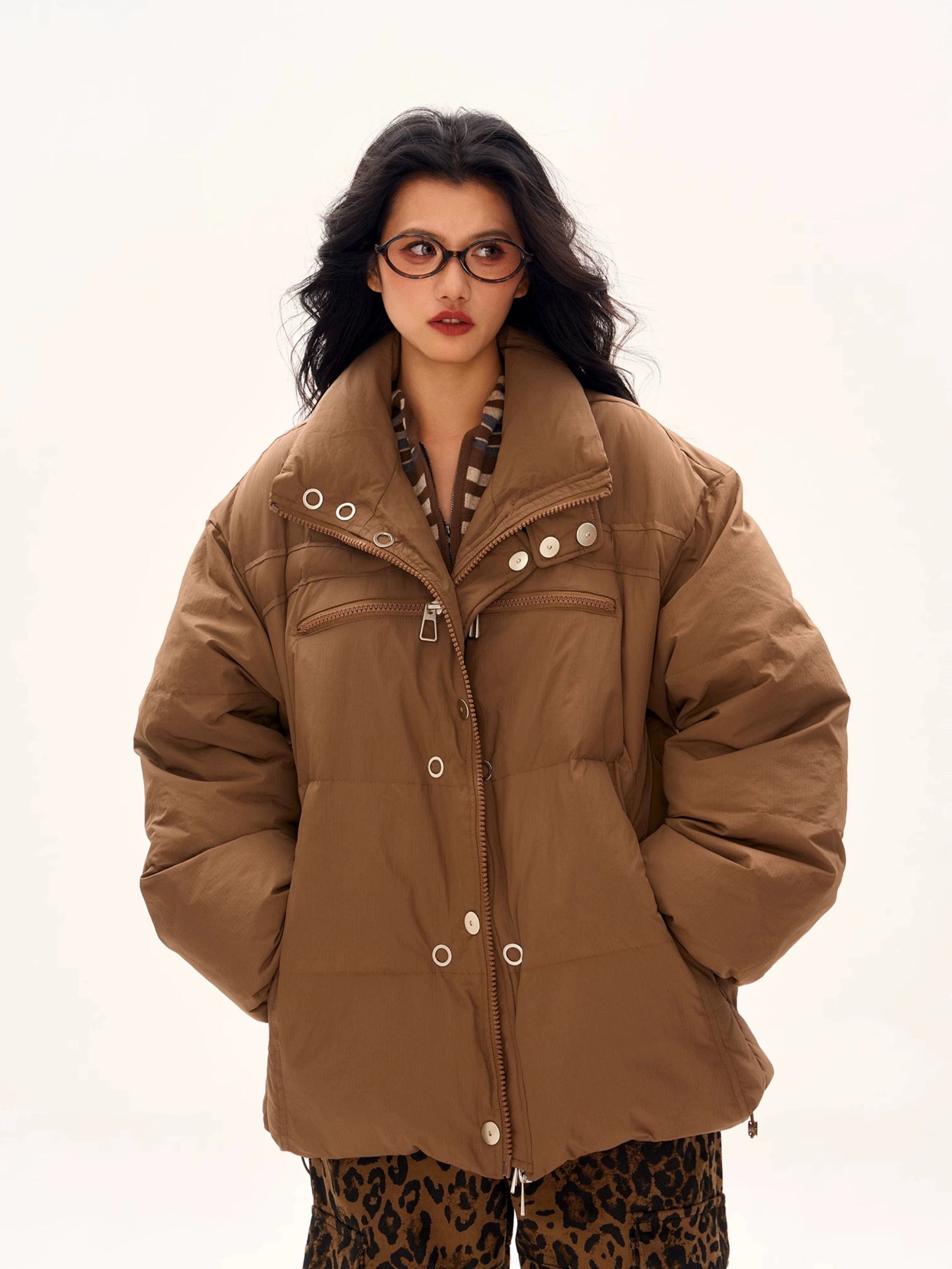 Oversized Longline Puffer Jacket with Zip and Button Details