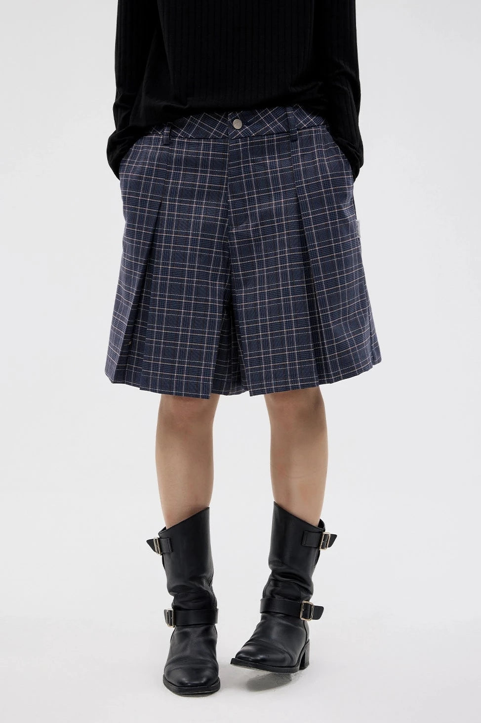 Plaid Pleated Bermuda Shorts