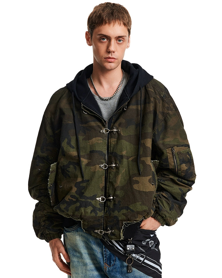 Oversized Fireman Clasp Hooded Distressed Camo Jacket