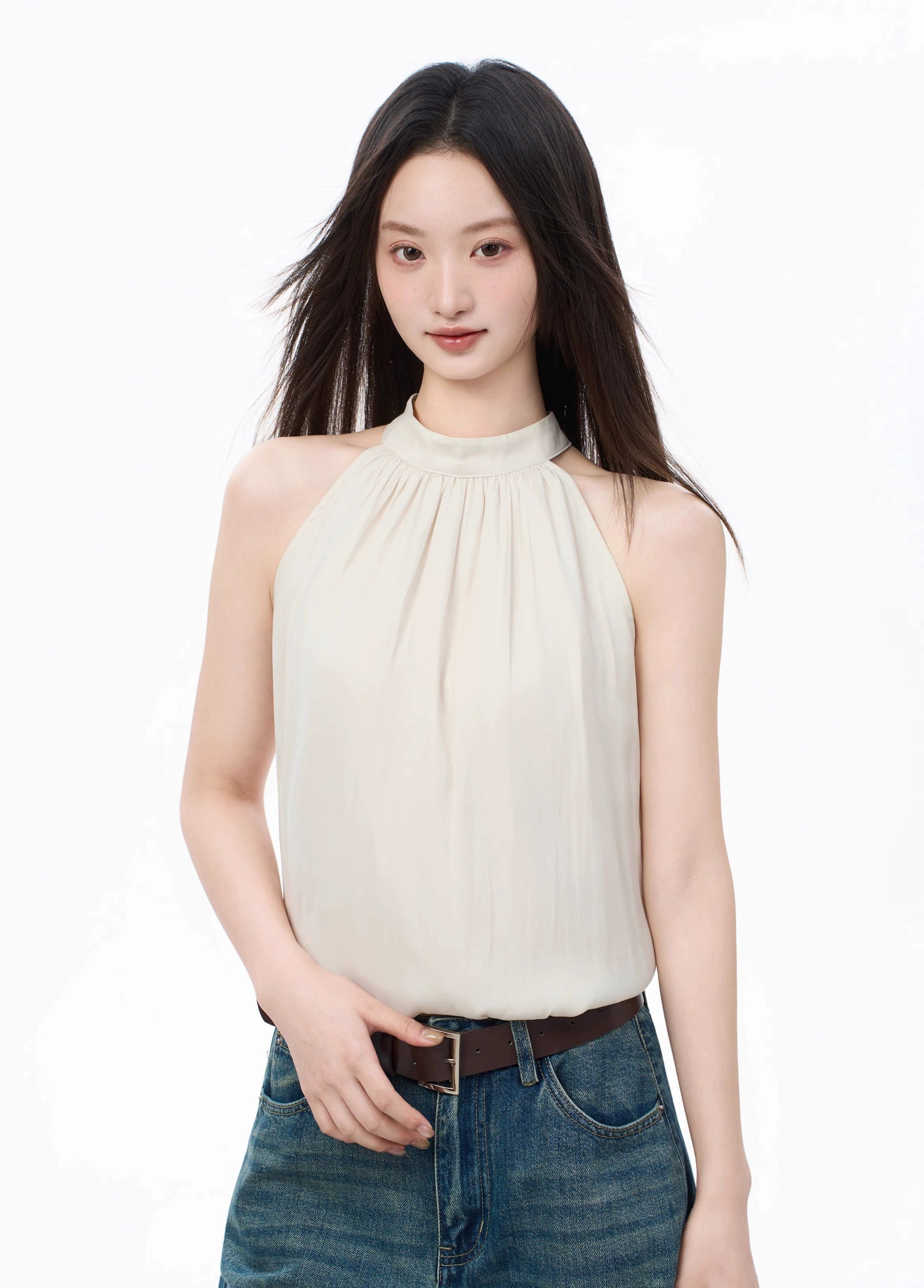 Sleeveless Pleated Mock Neck Halter Blouse
