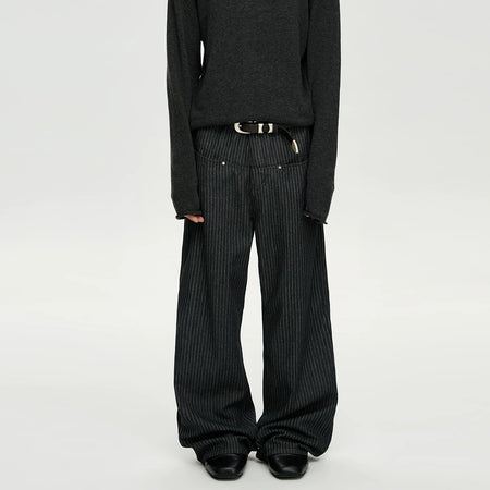Rivet-Detail Pinstripe Wide Leg Pleated Trousers - nightcity clothing