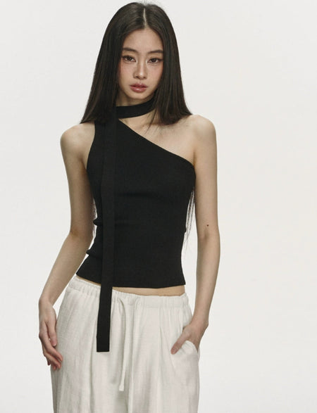 Ribbed One Shoulder Knit Top with Scarf Detail - nightcity clothing