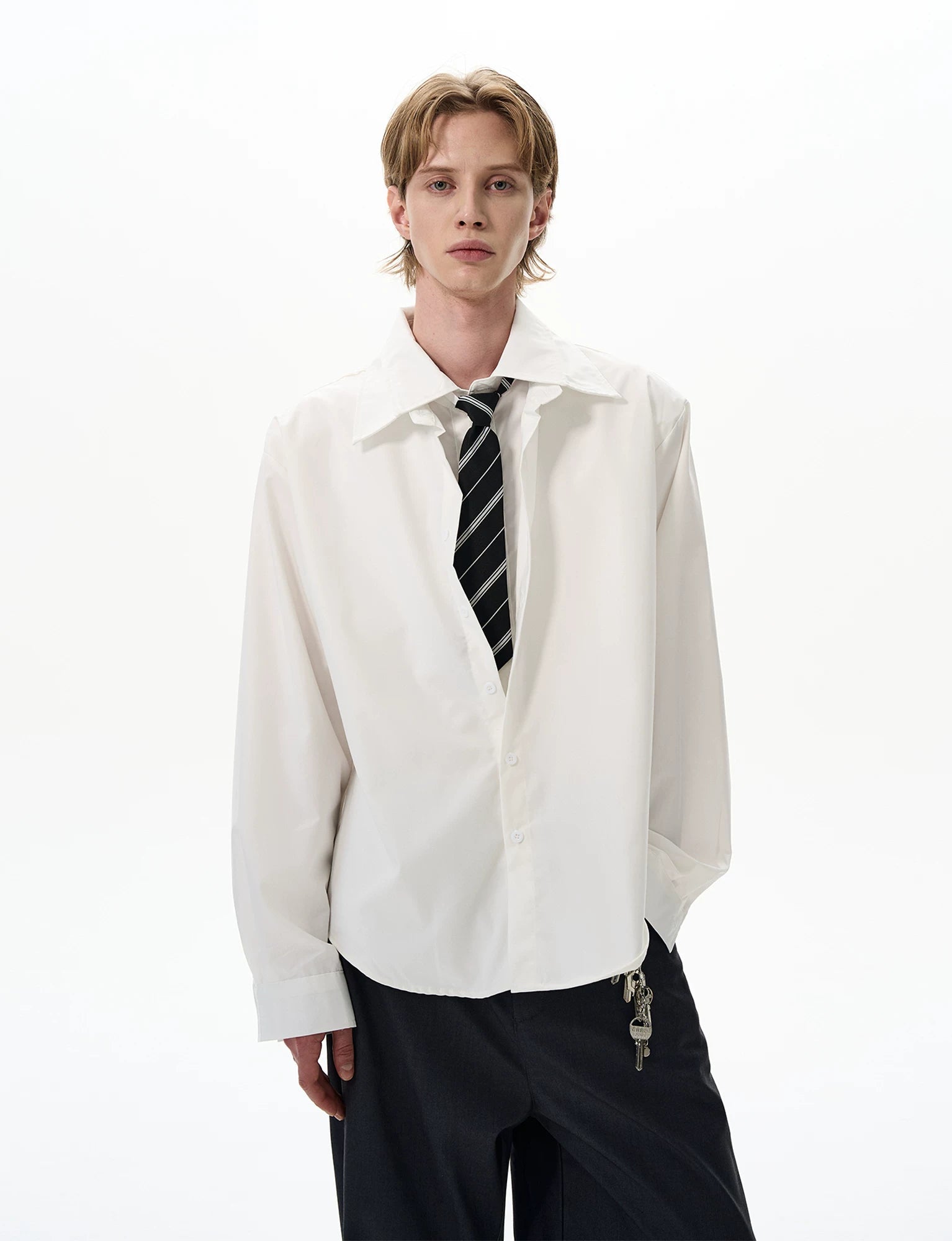 Spread Collar Faux Two-Piece Button-Up Shirt with Tie