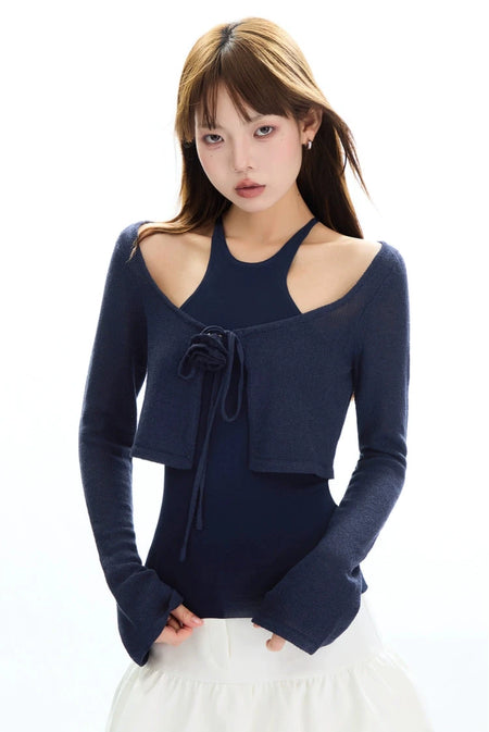 Cropped Knit Layered Sweater with Rose Tie Detail - nightcity clothing