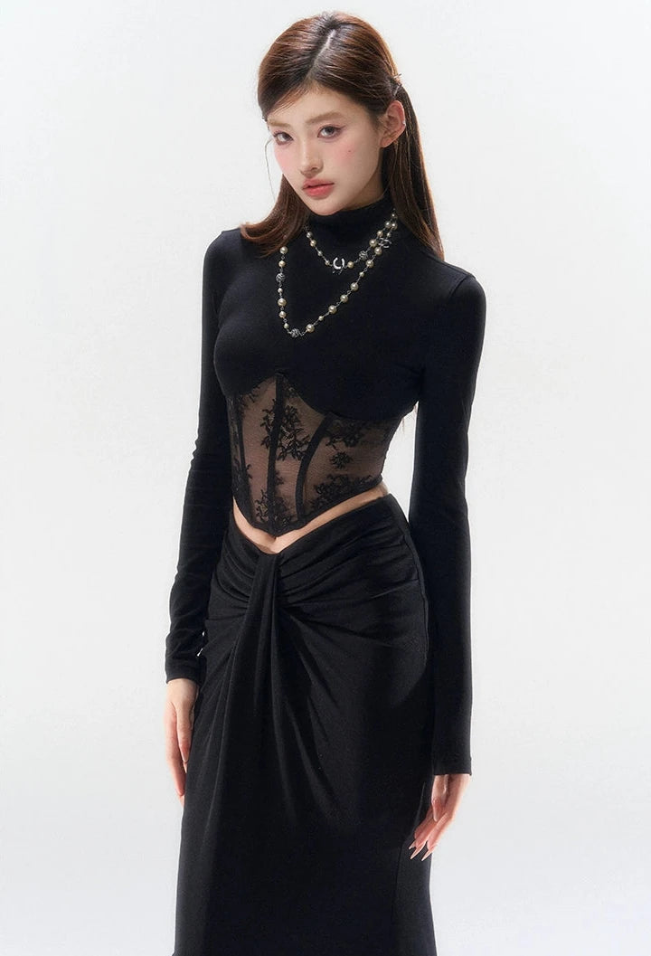 Lace Mesh Mock Neck Corset Long Sleeve Top