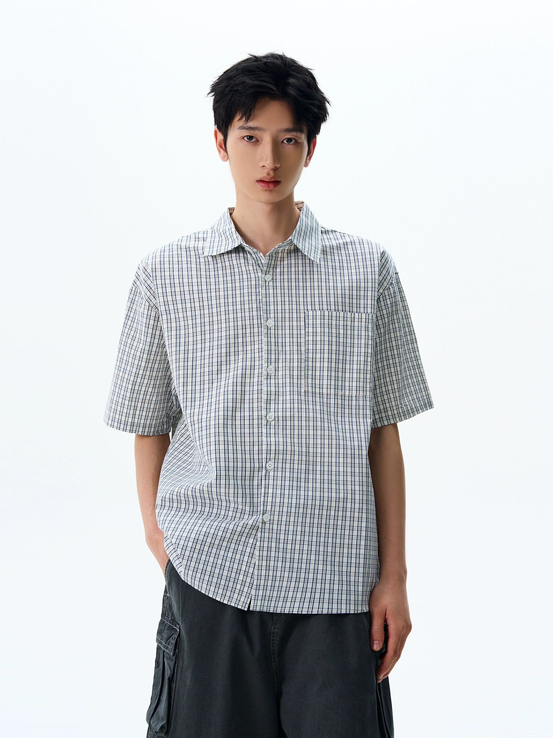Checker Short Sleeve Slim-Fit Button Shirt