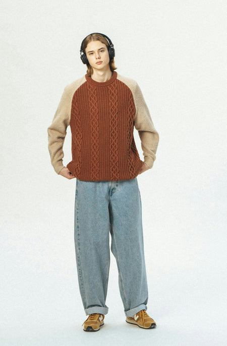 Color Block Cable Knit Crewneck Sweater