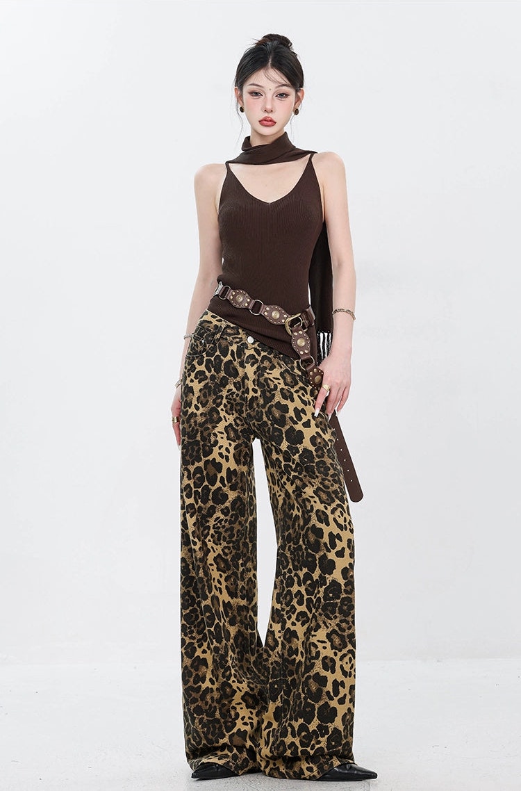 Leopard Print Straight-Leg Denim Jeans