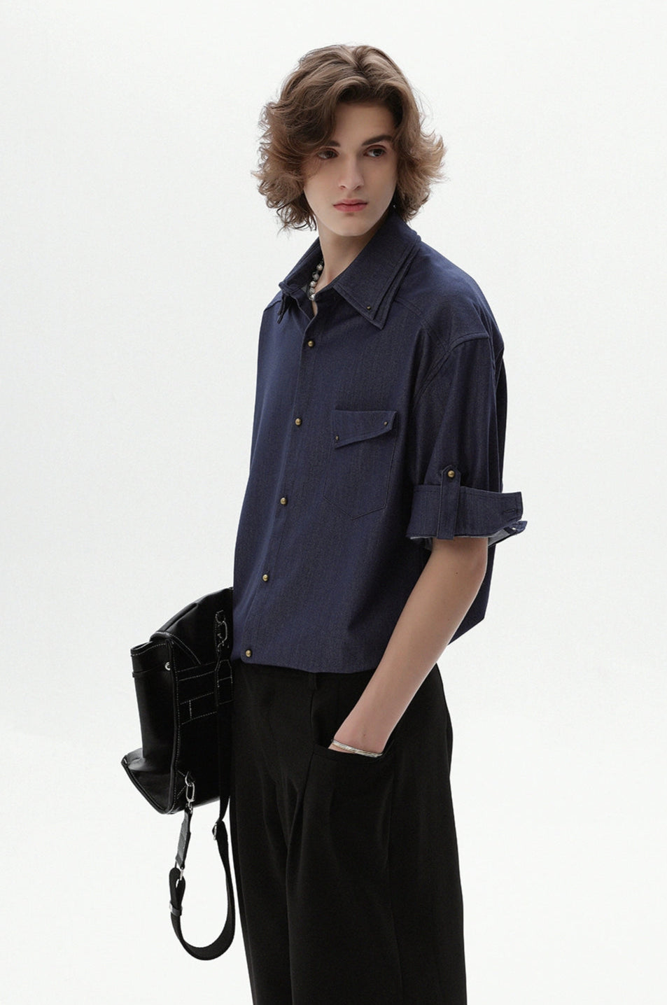 Button-Up Shirt with Rolled Tab Sleeves and Chest Pocket