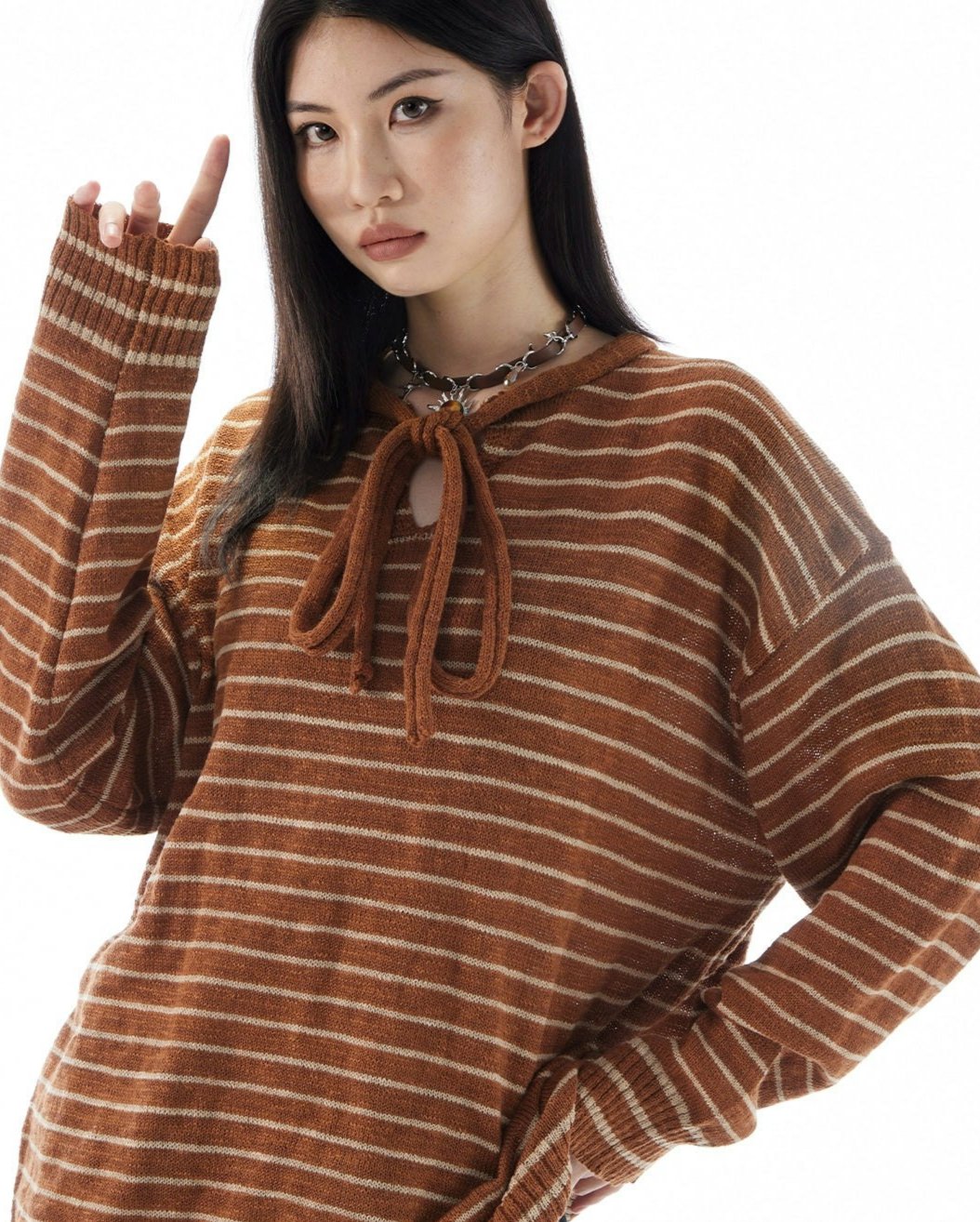 Stripe Oversized Knit Sweatshirt with Drawstrings