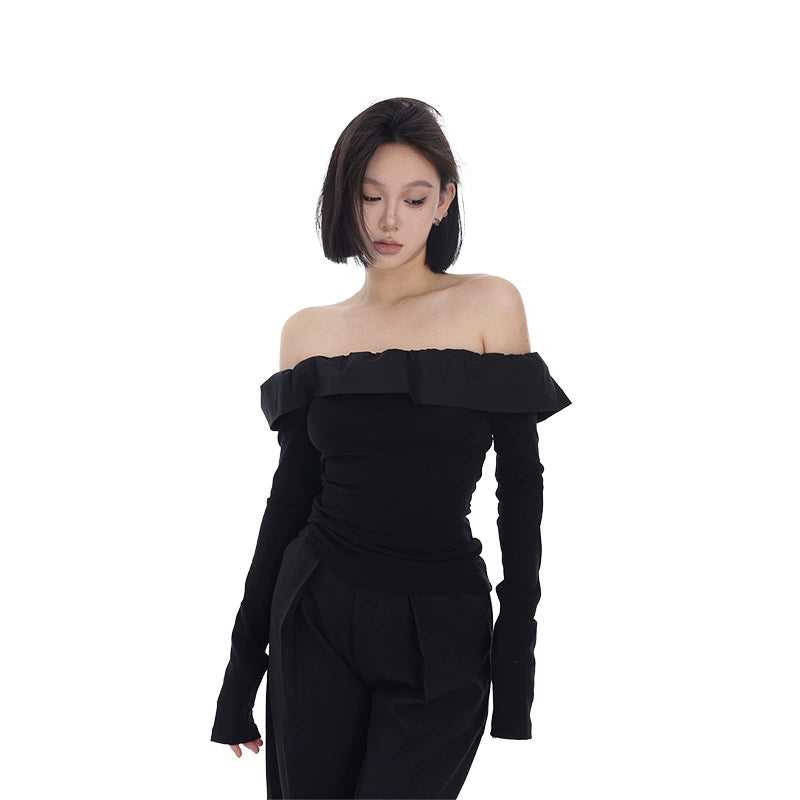 Ruffle Off-Shoulder Flare-Layer Long Sleeve Top