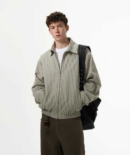 Oversized Striped Zip-Up Collared Jacket - nightcity clothing