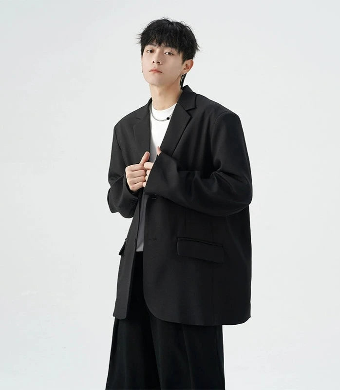 Oversized Single-Breasted Pleated Blazer with Notch Lapel