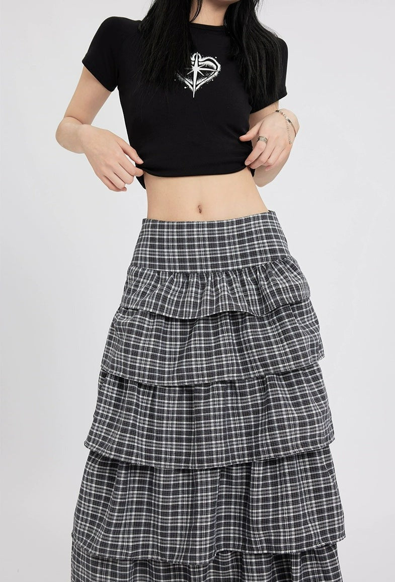 Layered Plaid Maxi Skirt with Ruffle Detail