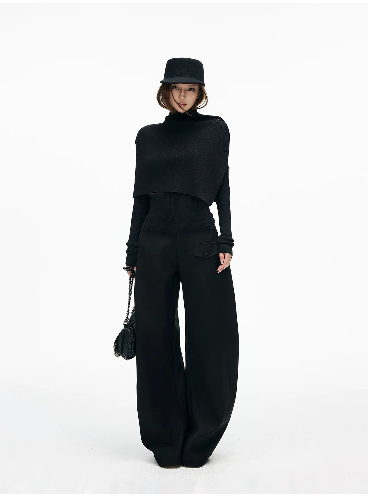 Slim Knit Long Sleeve Top with Removable Button Cape - nightcity clothing