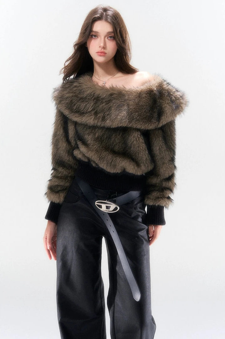 Off-Shoulder Faux Fur Ribbed Cuff Sweater