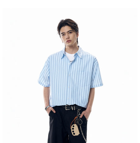 Stripe Textured Short Sleeve Button Shirt with Chest Pocket
