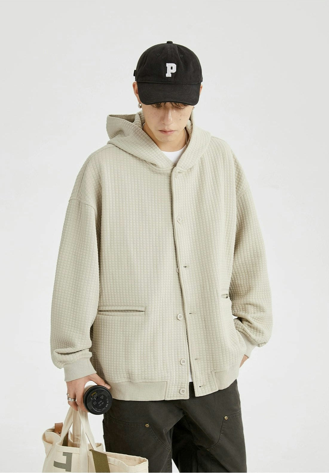 Oversized Waffle Texture Hooded Jacket with Snap Buttons