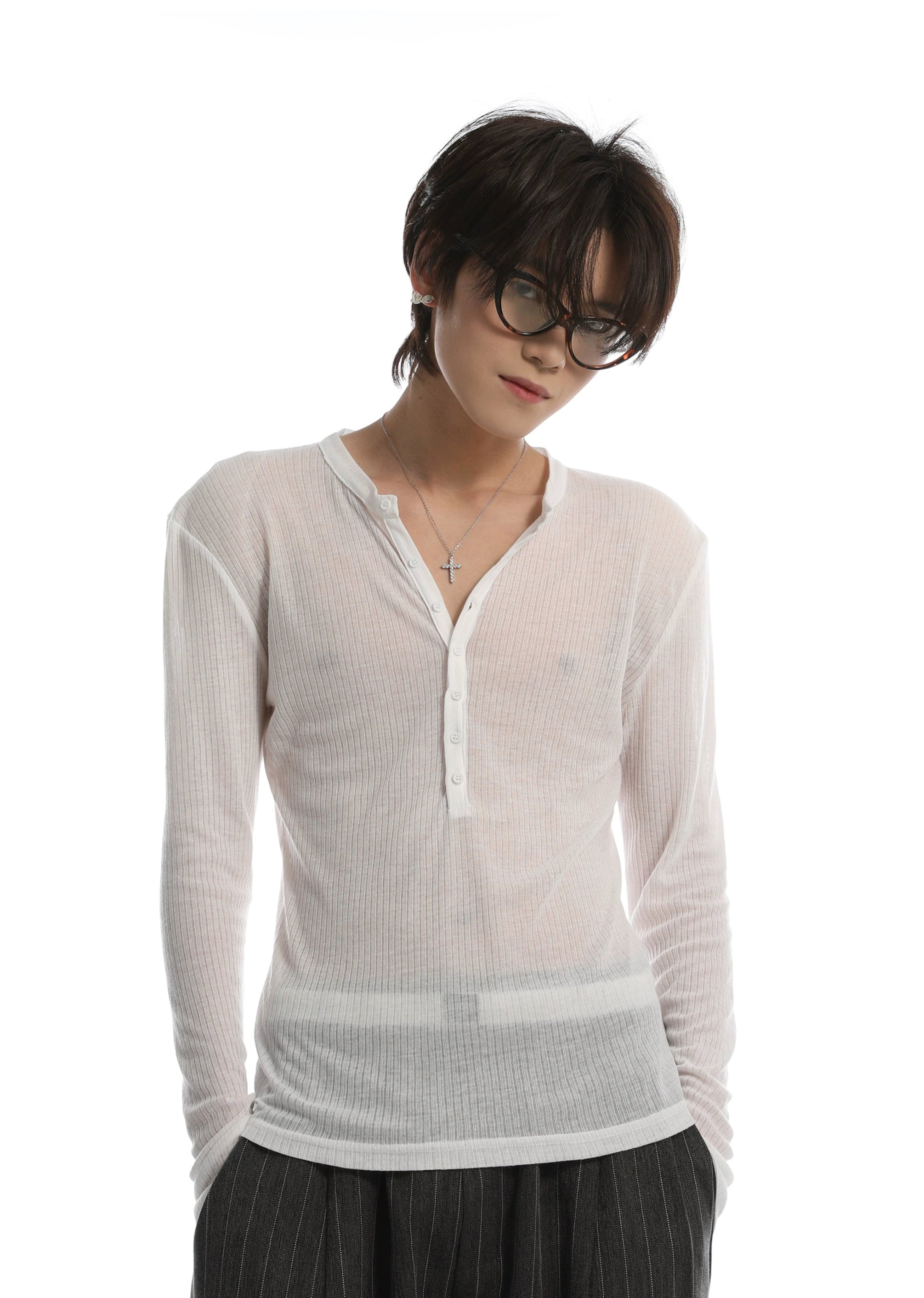 Sheer Ribbed Long Sleeve Henley Shirt
