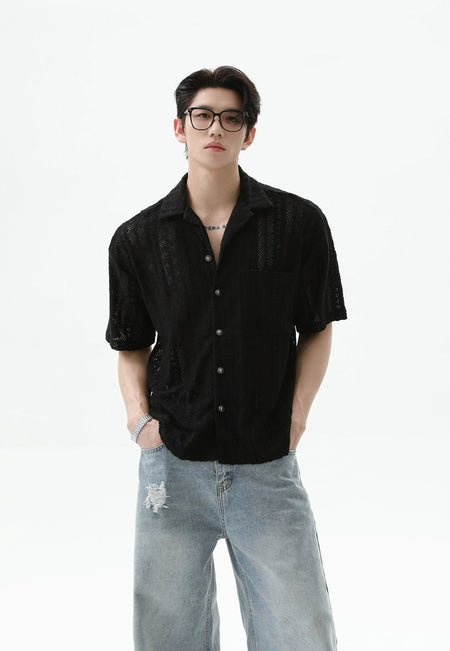 Button-Up Sheer Lace Shirt with Geometric Pattern - nightcity clothing