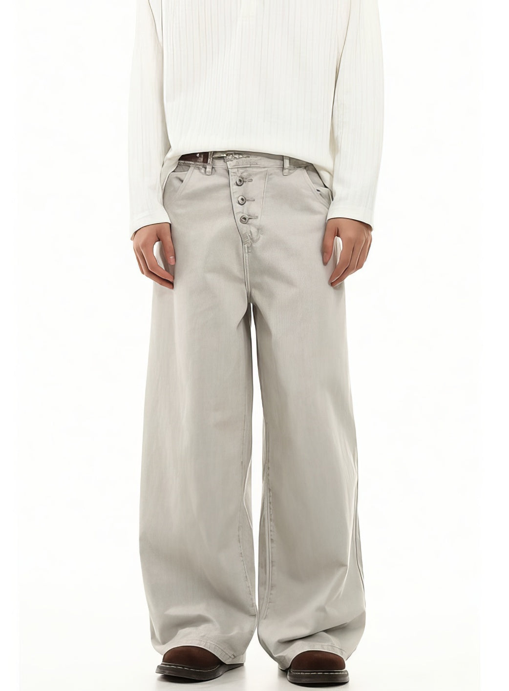 Wide Leg Jeans with Diagonal Button Closure and Metal Clasp