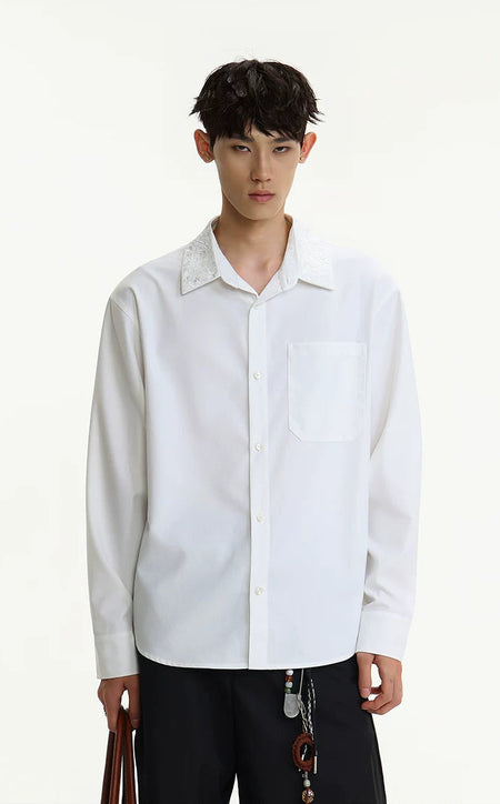 Contrast Embroidered Collar Long Sleeve Button Shirt