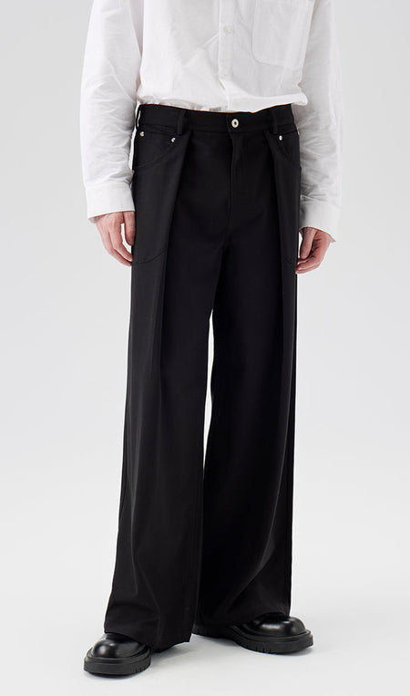 Wide Leg Pleated Trousers with Button Details - nightcity clothing
