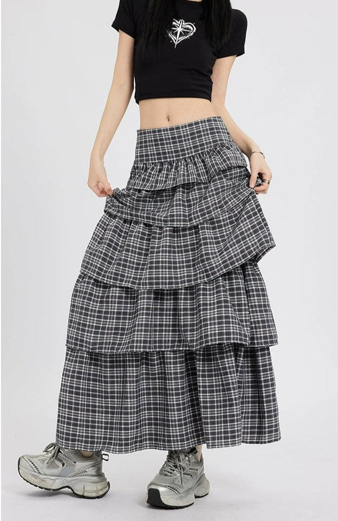 Layered Plaid Maxi Skirt with Ruffle Detail