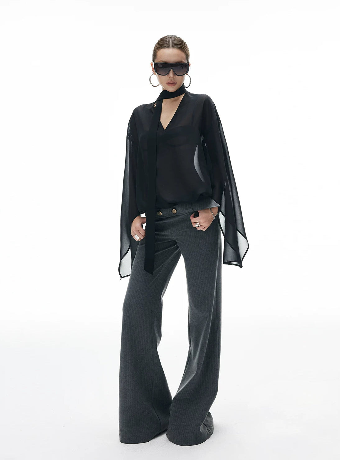Wide Belt Flare Pinstripe Low-Waisted Pants - nightcity clothing