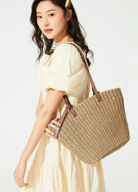 Woven Straw Shoulder Tote with Leather Straps - nightcity clothing
