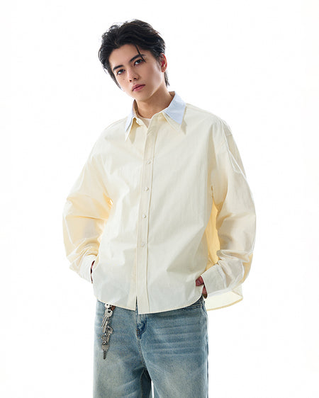 Double Contrast Stripe Collar Long Sleeve Button Shirt