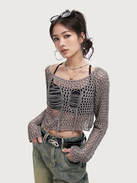 Crochet Knit Skeleton-Effect Long Sleeve Top