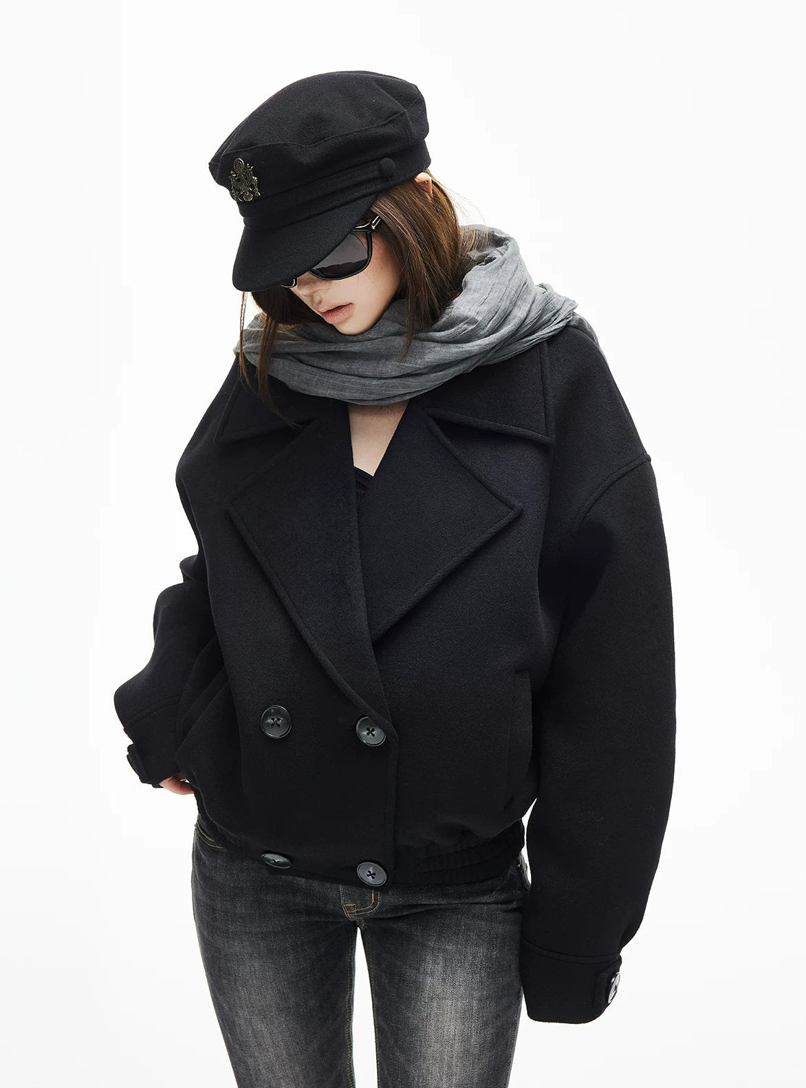 Wool Blend Elastic-Trim Double Breasted Coat