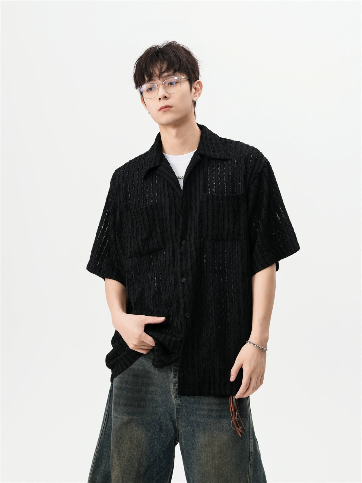 Sheer Open Knit Short Sleeve Button Up Shirt with Chest Pockets