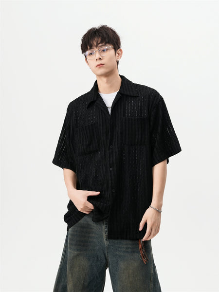 Sheer Open Knit Short Sleeve Button Up Shirt with Chest Pockets