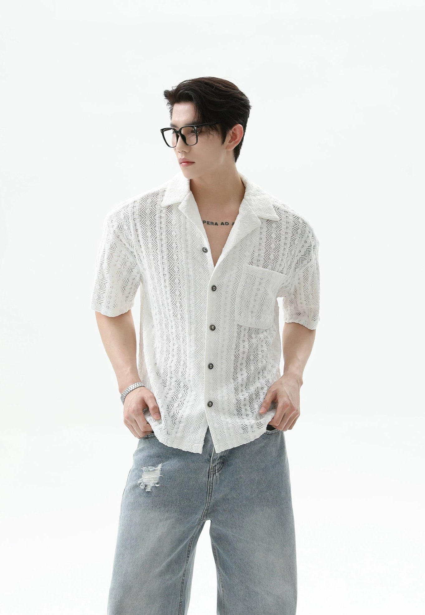 Button-Up Sheer Lace Shirt with Geometric Pattern
