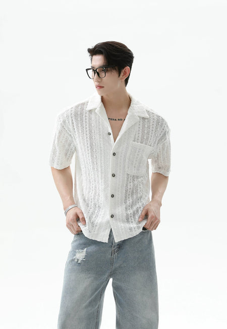 Button-Up Sheer Lace Shirt with Geometric Pattern - nightcity clothing