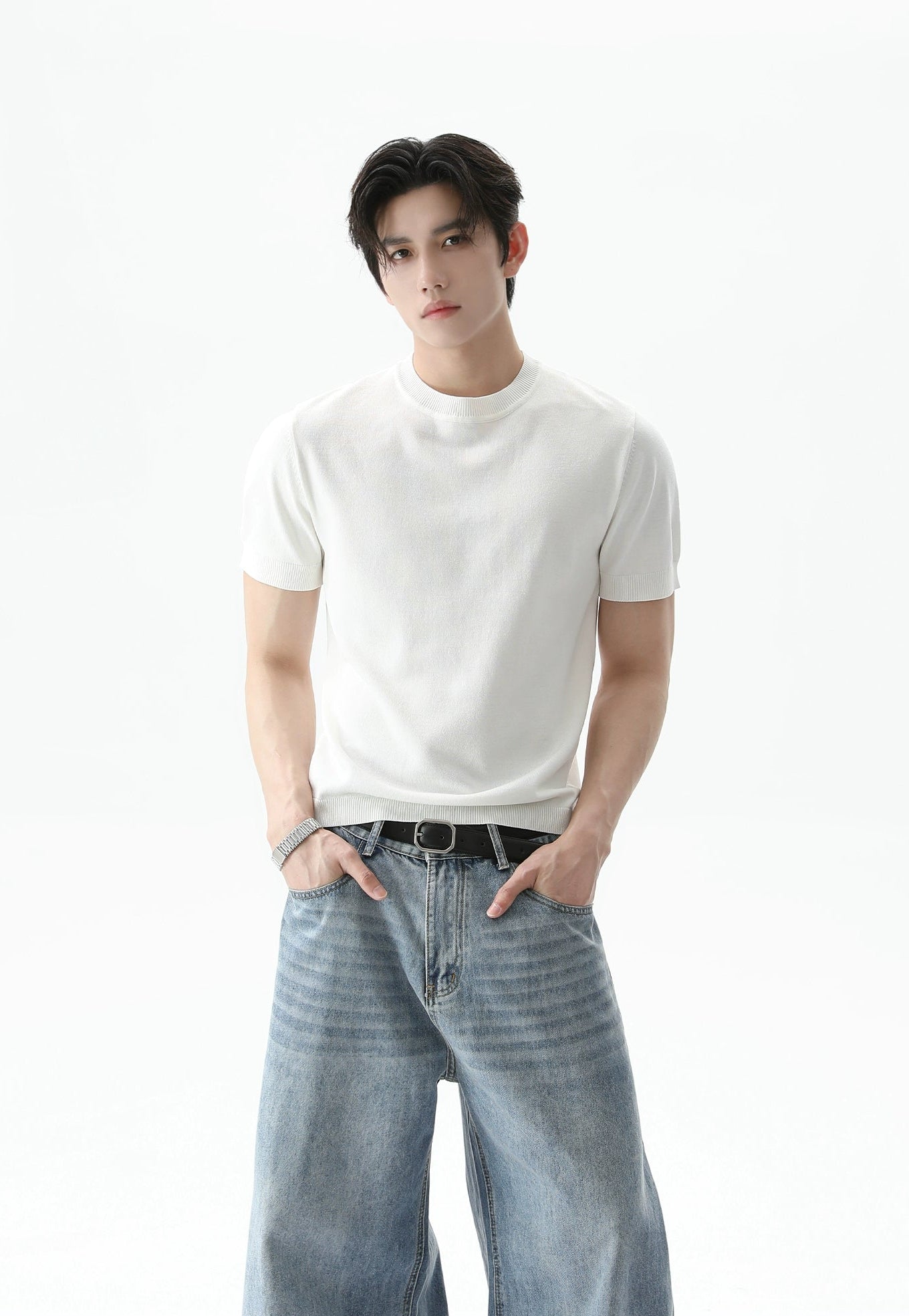 Slim Ribbed-Cuff Short Sleeve T-Shirt