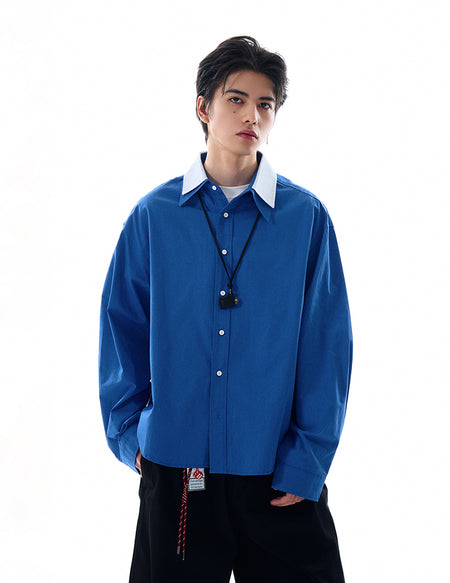 Double Contrast Stripe Collar Long Sleeve Button Shirt